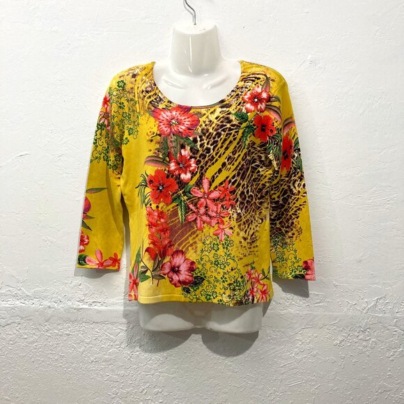 Pierri Tops - Pierri New York Pullover Sweater Top Embellishments Floral Animal Print Yellow M